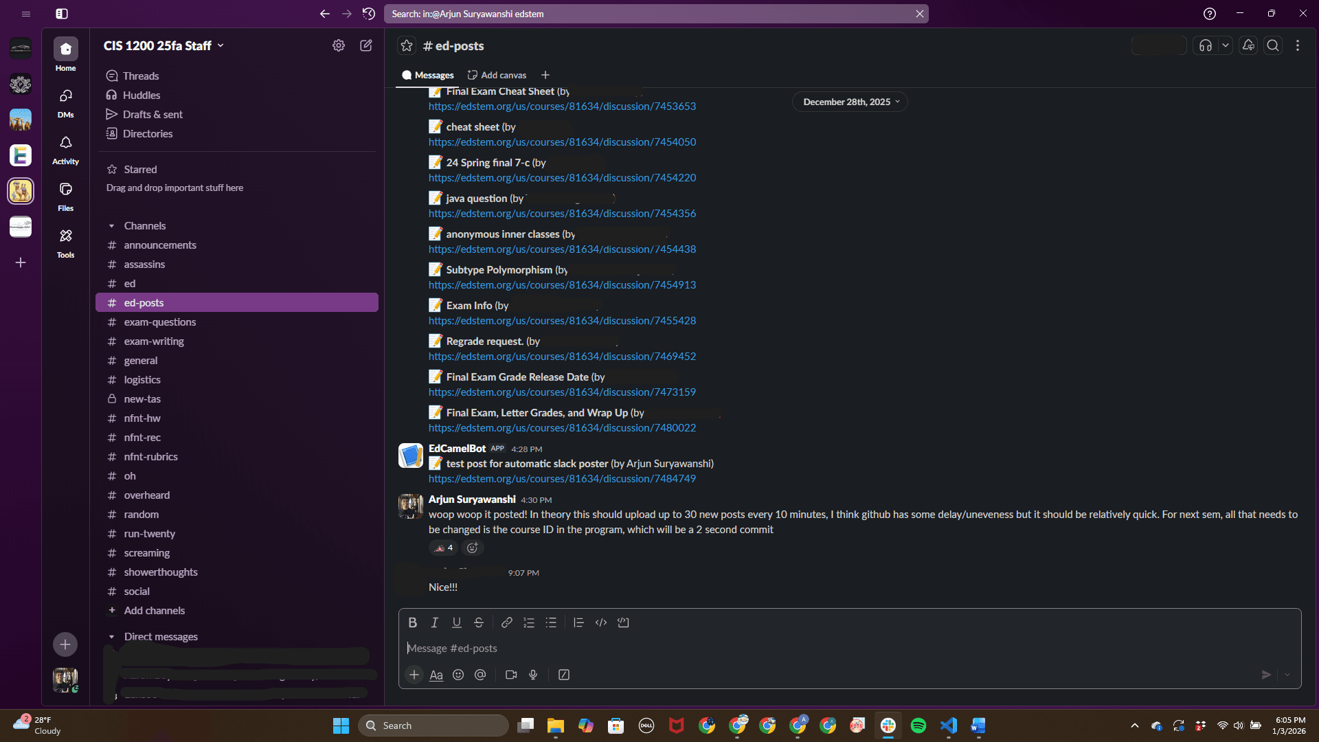 EdCamelBot Slack Message